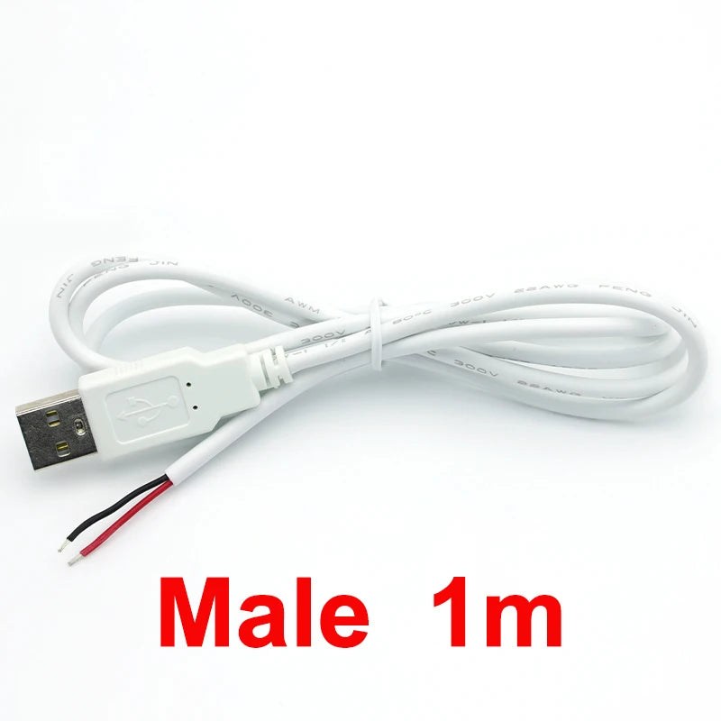 0.3m/1m/2m USB Power Supply Cable 2 Pin USB 2.0 A Female Male Charger Charging Cord Extension Connector DIY White Wire