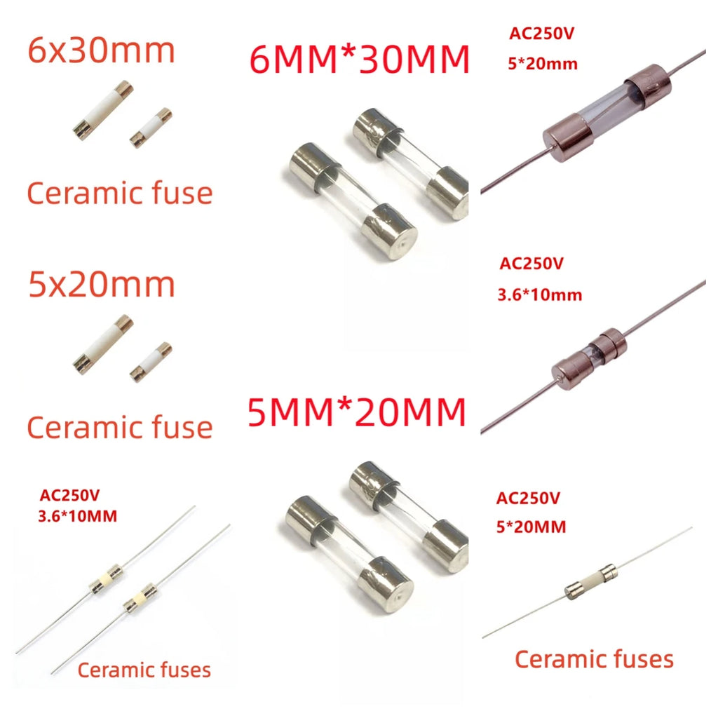 10pcs/lot Fast Blow Glass Tube Fuses 3.6x10mm 5x20mm 6x30mm 250V 100mA 200mA 250mA 300mA 500mA 630mA 750mAxial Lead Ceramic Fuse