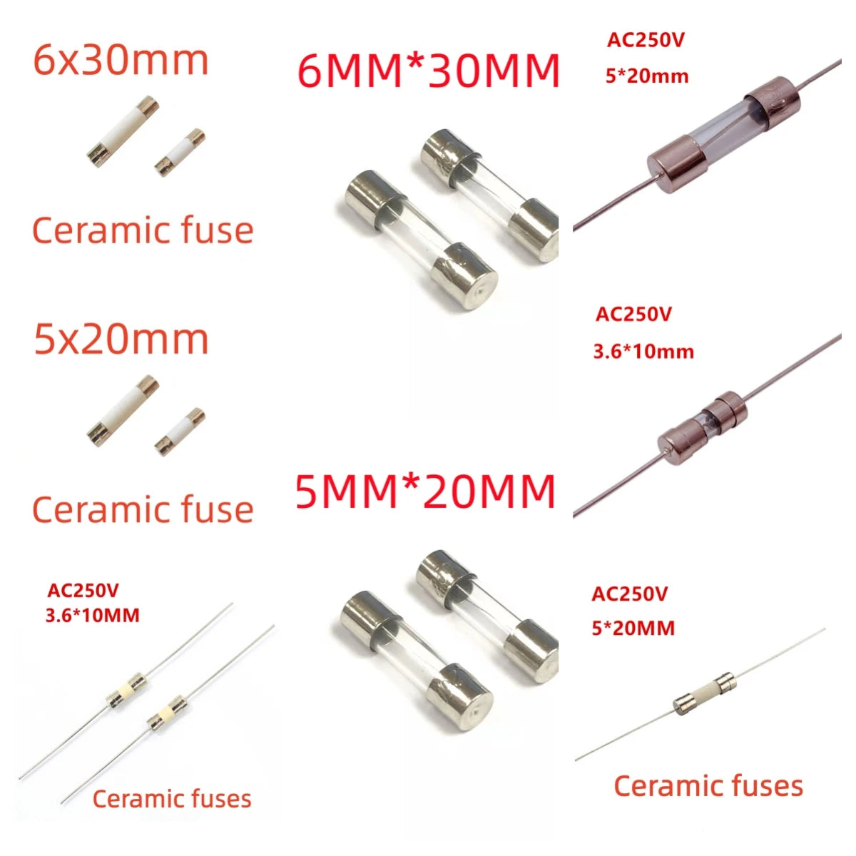 10pcs/lot Fast Blow Glass Tube Fuses 3.6x10mm 5x20mm 6x30mm 250V 100mA 200mA 250mA 300mA 500mA 630mA 750mAxial Lead Ceramic Fuse