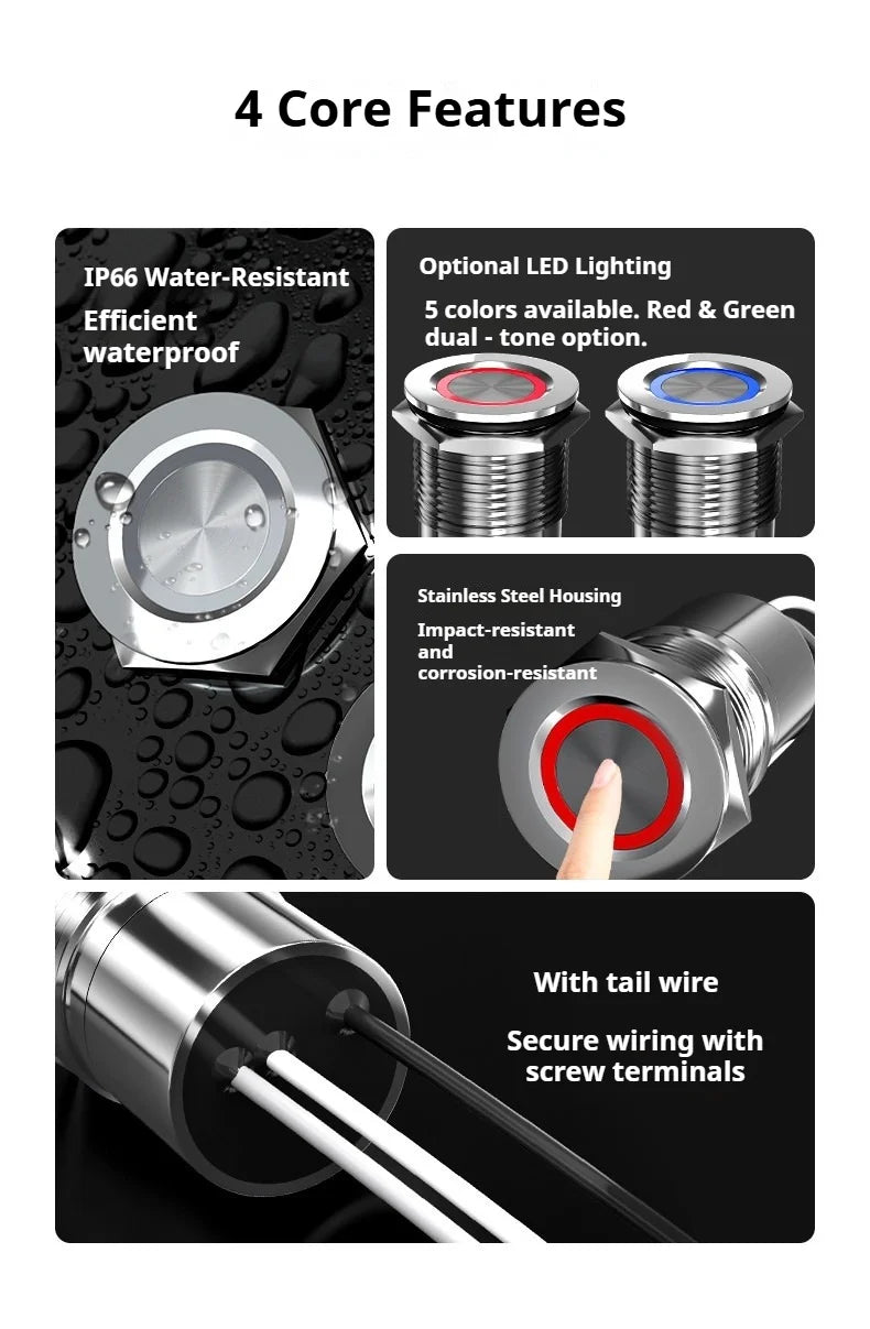 Metal touch sensor switch Stainless steel button jog delay self-locking IP68 waterproof 16/19/22/30mm