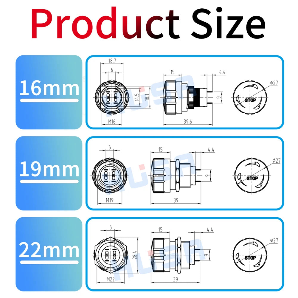 16 16 22mm Ultra Short Style metal emergency stop button switch waterproof mushroom head Rotation reset Anti-slip with lights
