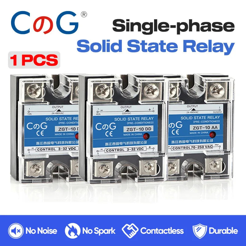 CG 1PCS Single-phase Solid State Relay Input 3-32VDC Output 24-480VAC DC to AC/DC to DC/AC to AC SSR 10/25/40A Module Relay
