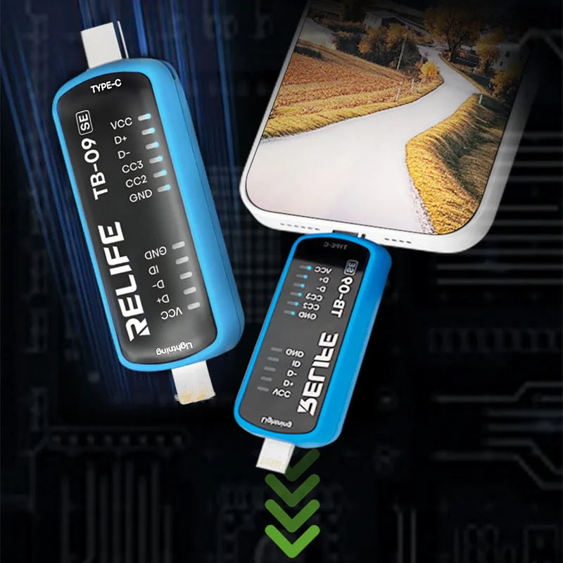 RELIFE TB-09 SE Charging Port Tester for Mobile Phone IP Android Repair Dual Plug Lightning Type C Interface Fast Fault Detector