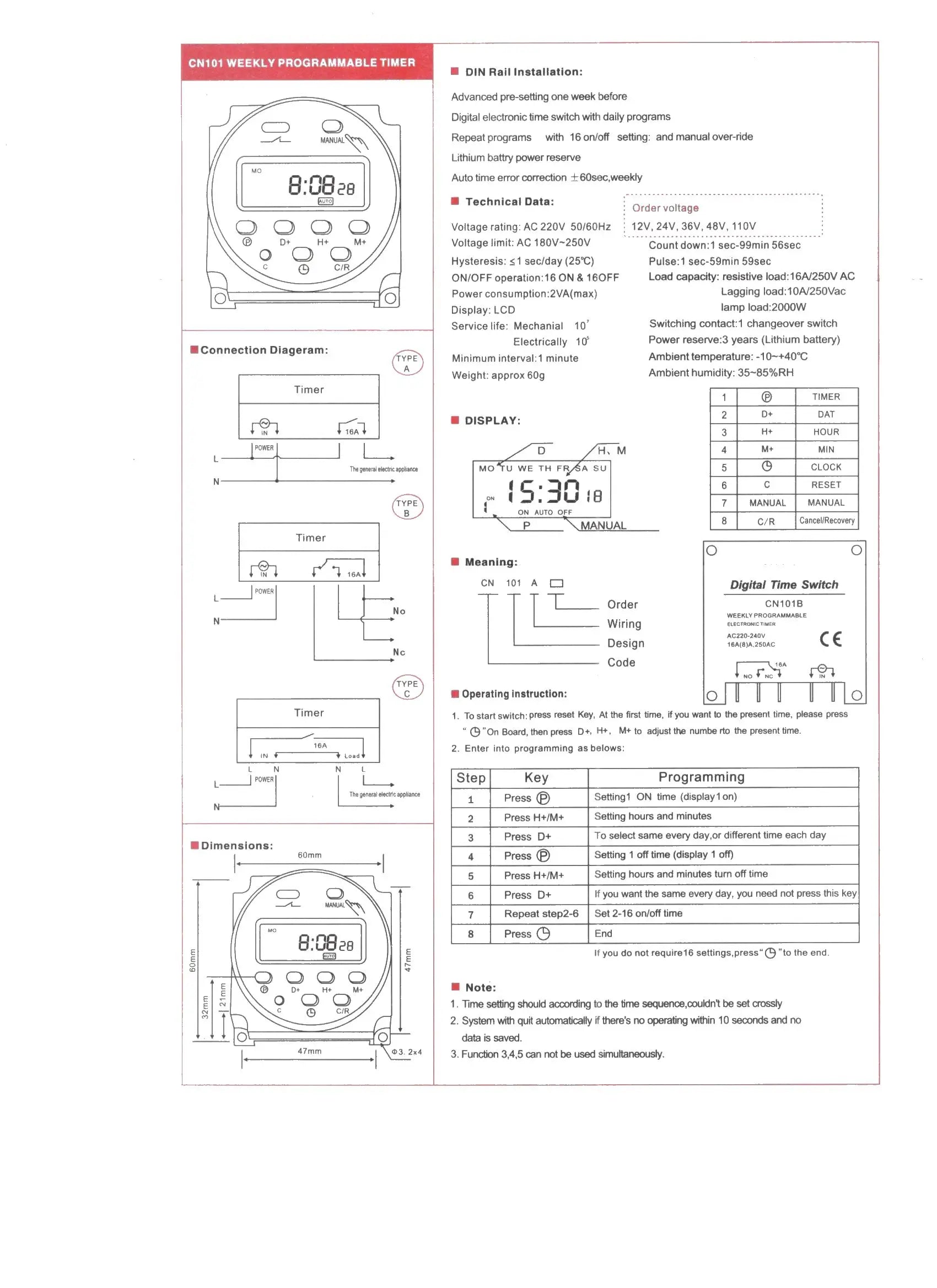 CN101A Digital Microcomputer 7Days Weekly Programmer Electronic Timer Switch 220V Time Relay with Countdown 12V DC for Light Fan