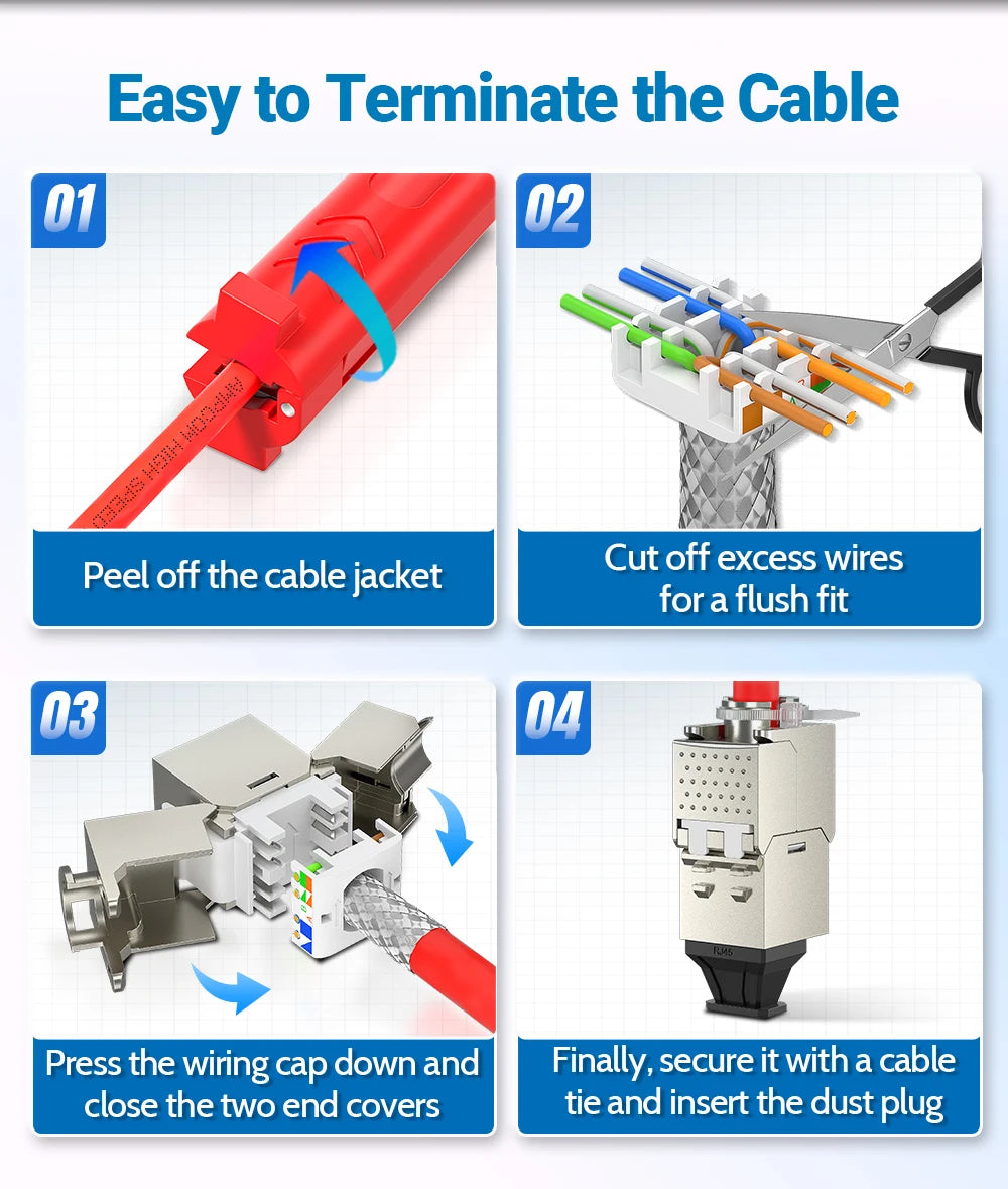 AMPCOM Pro+ Cat7/6A/6 Shielded Keystone Jack Zinc Alloy Toolless RJ45 Connector with 50u Gold Plated Pins for High-Speed Network