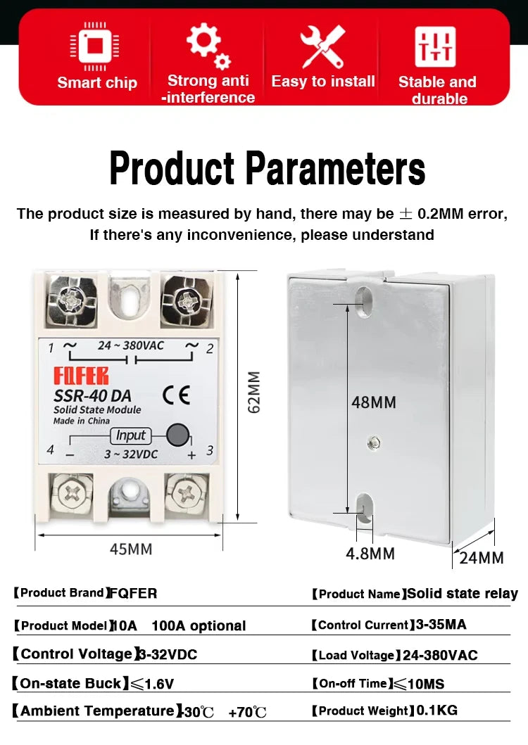 10A SSR 25A Solid State Relay 40A Output 3-32VDC 24-480VAC 220V Single Phase DC TO AC 40A Relay SSR HeatSink SSR 40DA