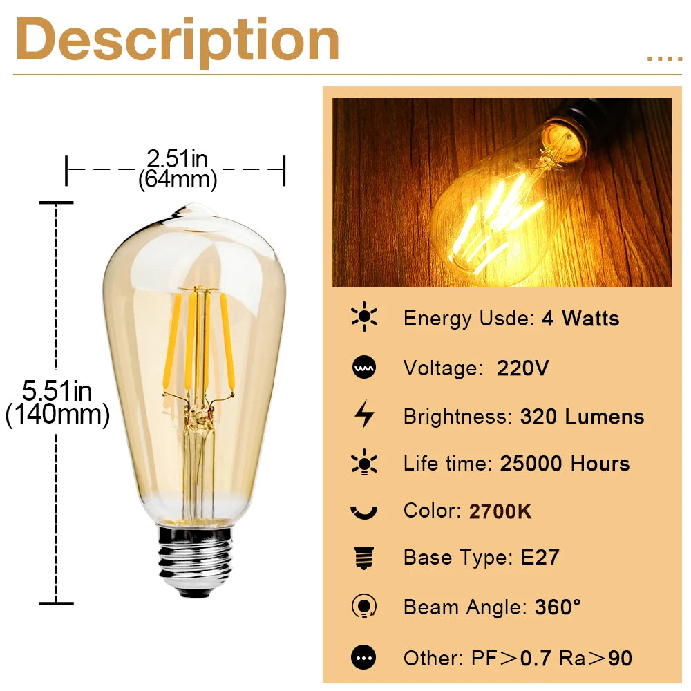 E27 Retro Edison Filament Bulb 4W 6W 220V ST64 Vintage LED Lamp Bulbs 2200K 2700K Warm White Amber Glass Light Bulbs for Home