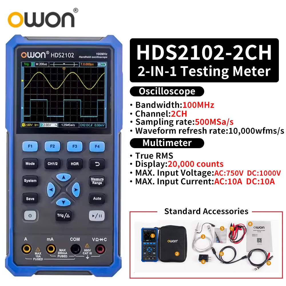 OWON HDS2102S/HDS272S/HDS242S Handheld 3-in-1 Digital Oscilloscope, Signal Generator, Multimeter | 100MHz Bandwidth, 2 Channels
