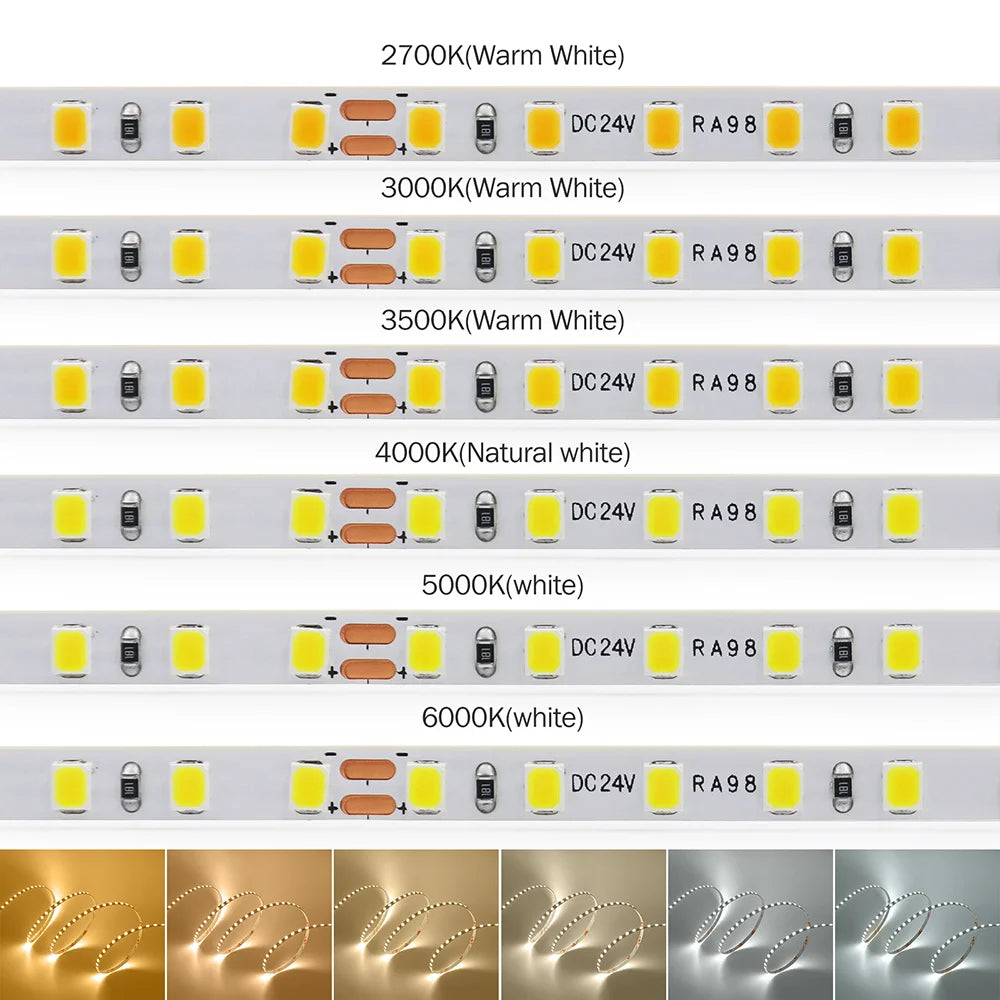 5mm 8mm Led Strip Light RA98 10mm PCB 2700K 3000K 3500K 4000K 5000K 6000K 5m 10m 24V 2835 120 240 LEDs Flexible Tape Lighting