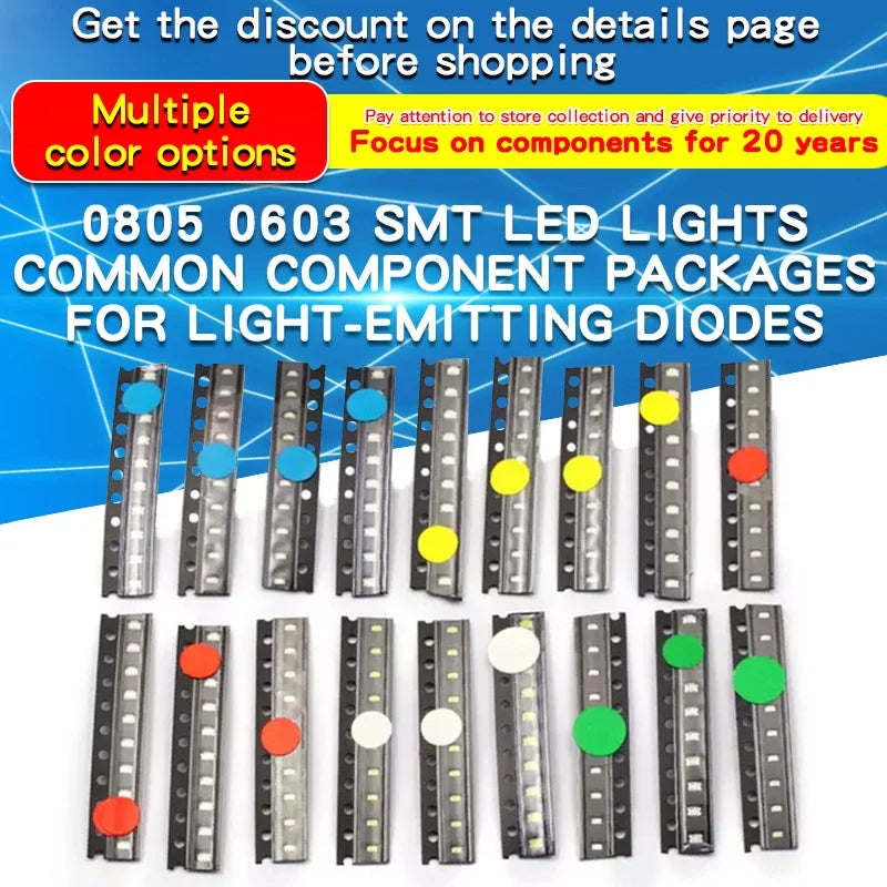 20pcs SMD LED 0402 0603 0805 1206 Red Yellow Blue Green and White Light High Brightness Lamp Bead Light-emitting Diode