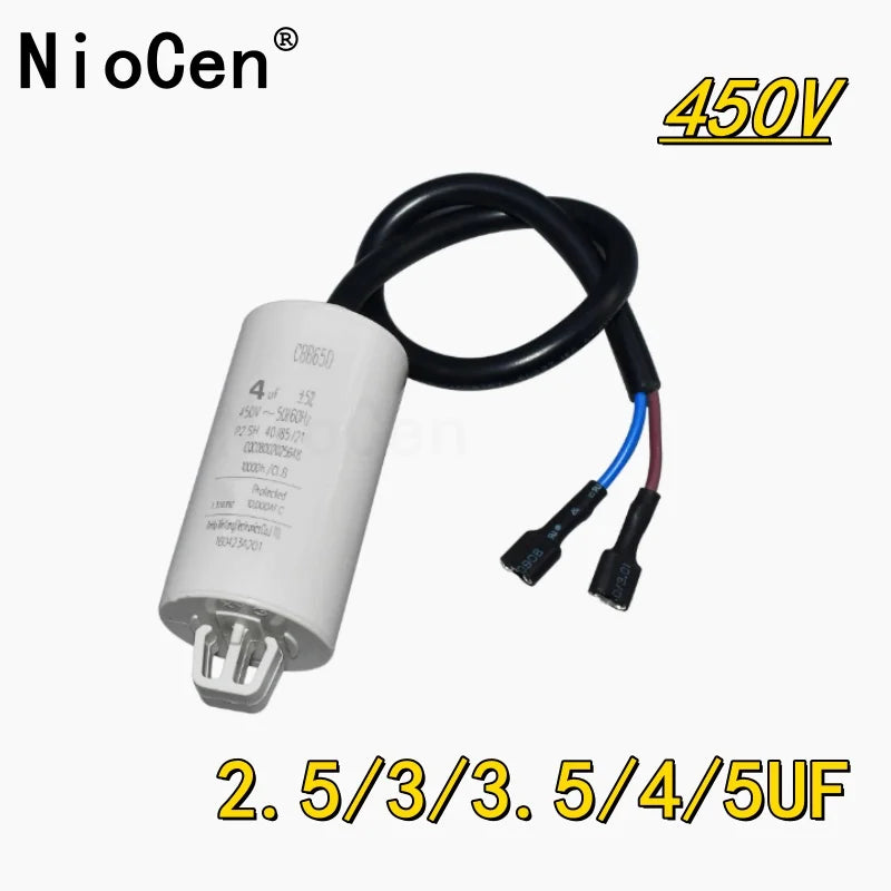 （1Pcs）CBB65 Refrigerator Freezer Capacitor with wires with Hook Starting Capacitor CBB65A-2 2.5uF 3UF 4UF 450V