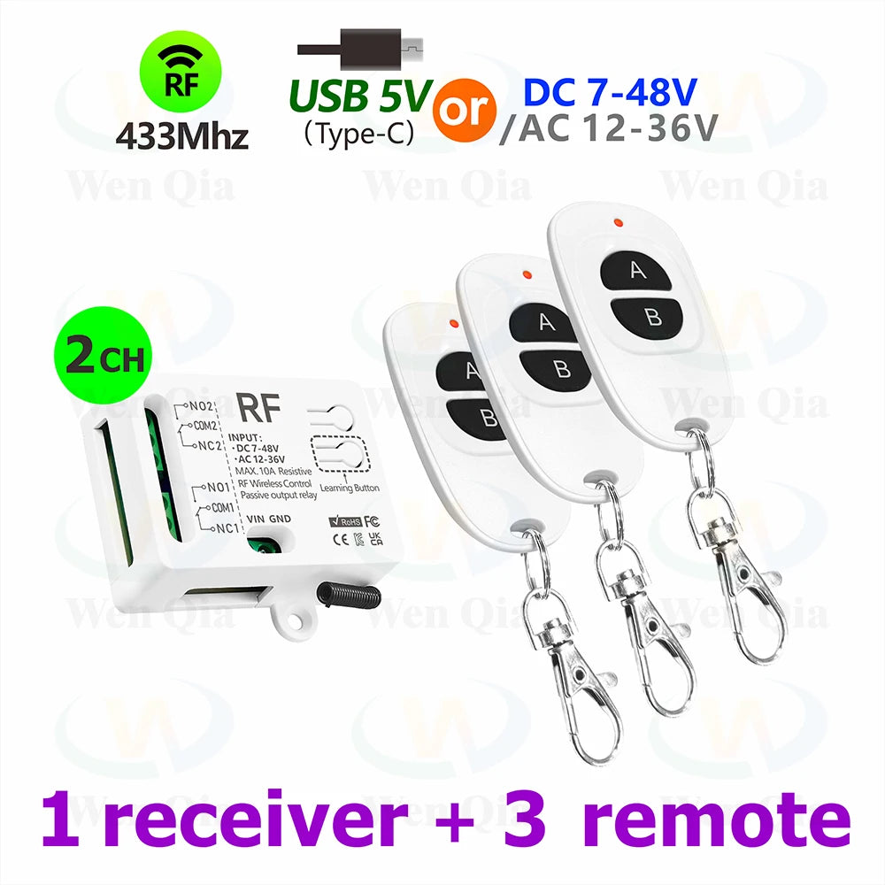 433MHz Wireless Remote Control Switch 2 CH DC 12V 24V 36V 48V Type-C 5V RF Relay Module for Light/Fan/Motor/Garage Door Opener