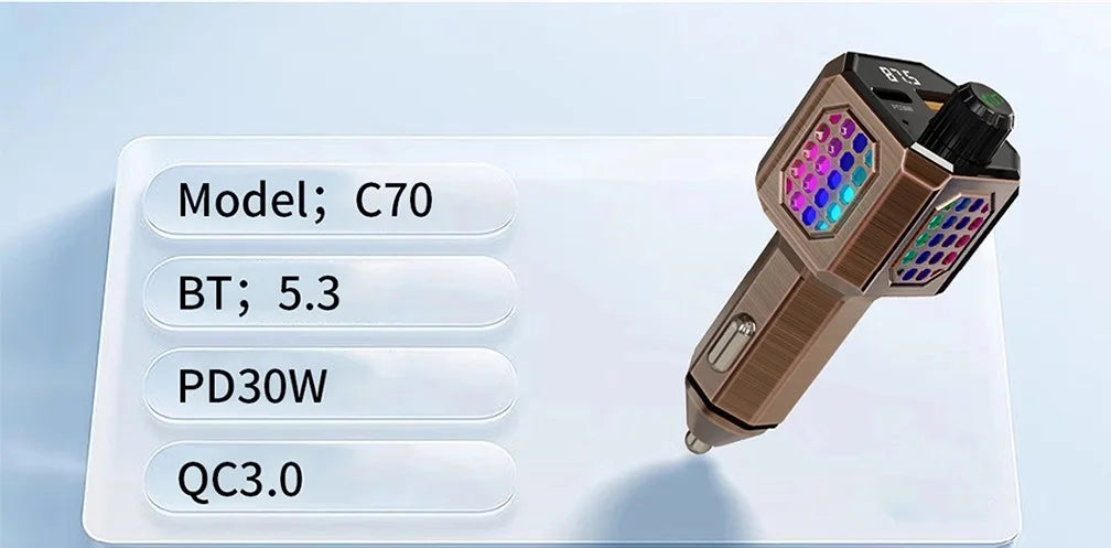 Car Adapter Bluetooth FM Transmitter For Car PD30W&QC3.0 Car Charger Bluetooth Adapter Zinc Alloy Color Light Hands-Free