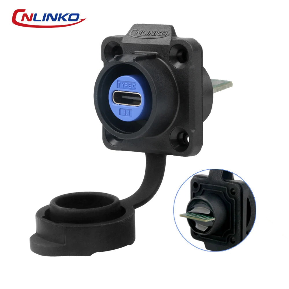 CNLINKO LP16 Waterproof Type-C Connector 5A Female Socket Jacks 10 Gbps Panel Mount Receptacles for Fast Charging Data Transfer