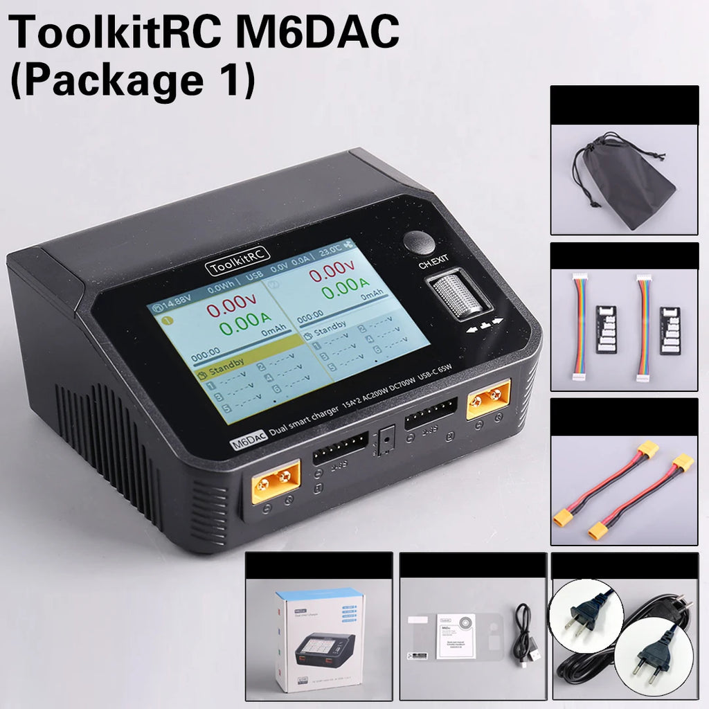 ToolkitRC M6DAC 350W X 2 USB-C 65W AC/DC Dual Smart Charger Discharger for 1-6S Lipo LiHV Lion NiMh Pb Battery with 15A Balance