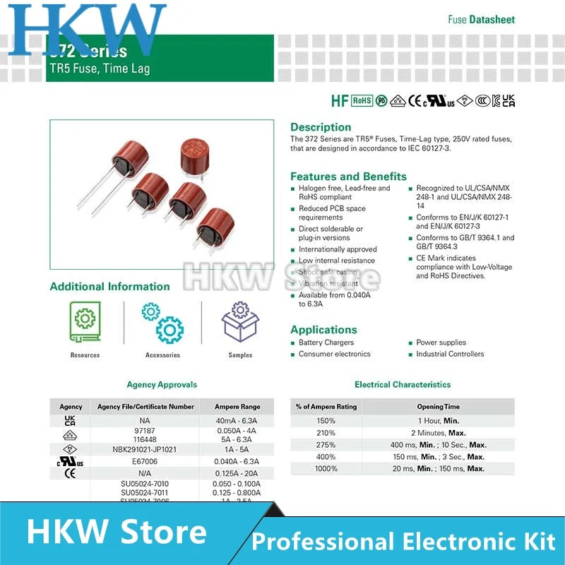 5pcs/lot 372 Series 250V TR5 Fuse Time-lag Fuses Cylindrical 40MA to 6.3A T1A T2A T63MA T3.15A T5A T6.3A Time Delay Littelfuse