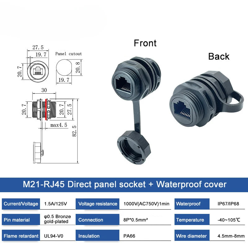 Waterproof M21 RJ45 Ethernet Connector 8P8C Network Socket Through Wall Panel Mount IP67 Straight Through Male Female Plug Cat5