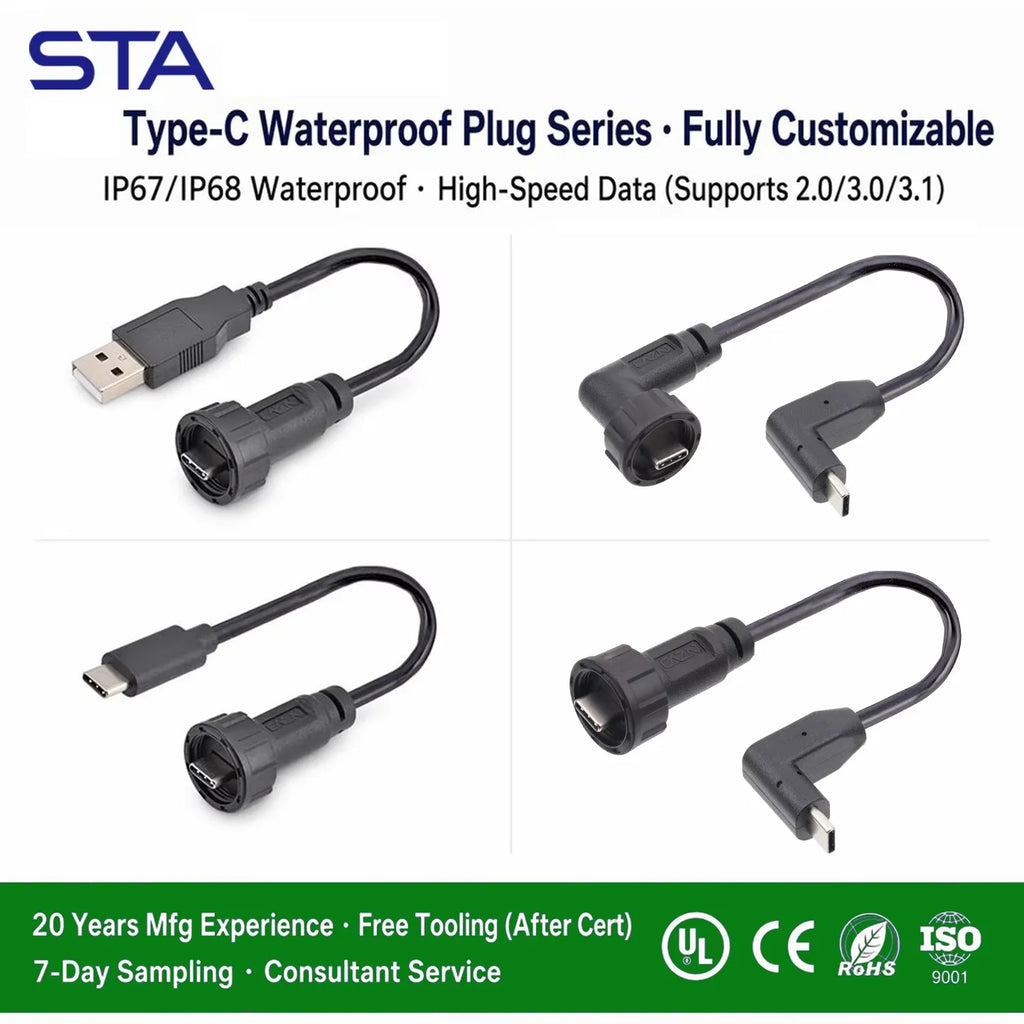 Type-C 3.0 IP67 Waterproof Connector Straight/Angled Male to Male/USB Adapter Molded Cable 0.5/1/2M Fast Charging 10Gbps PD 60W