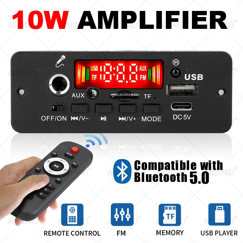 ARUIMEI 10W Digital Amplifier MP3 Decoder Board DC 5V Bluetooth 5.0 FM Support Microphone Car MP3 Player with Remote Controller