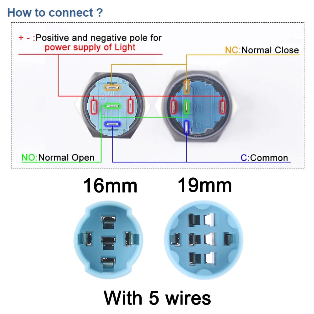 1pc 16mm/19mm Metal push button Switches for car trunk Momentary/latching 12V base 1NO 1NC with sockets