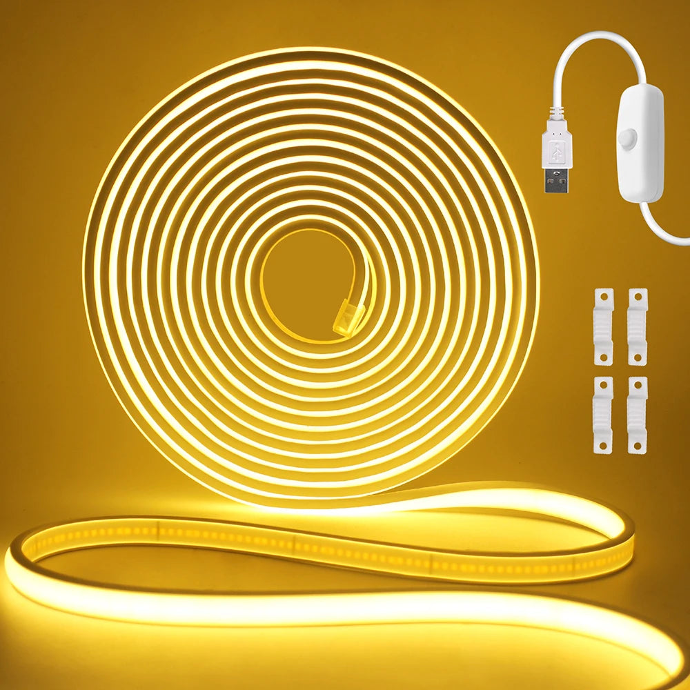 IP68 Waterproof Flexible Neon Rope Light USB COB LED Strip 5V ON OFF Switch 320 LEDs/m Natural Warm White 0.5m 1m 2m 3m 4mm 5m