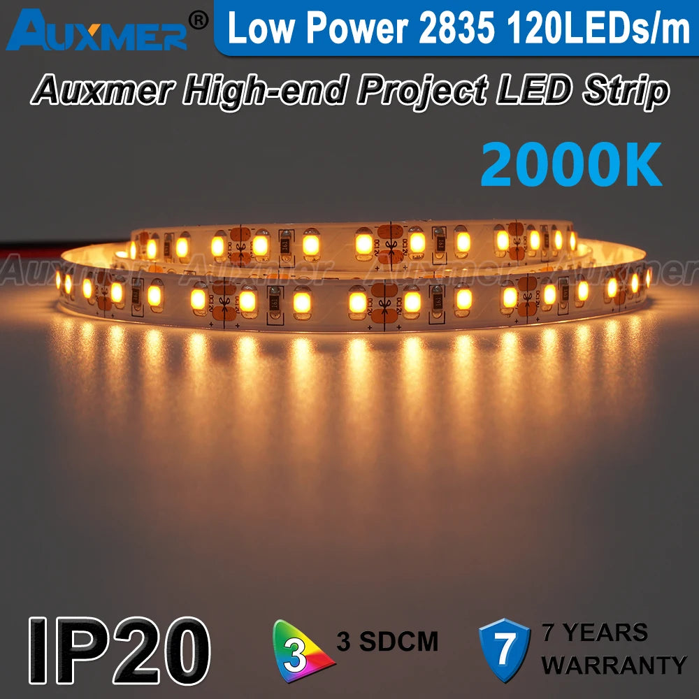 Auxmer Low Power 2835 LED Strip,Mono Color,120LEDs/m 240LEDs/m,CRI＞95/90,3SDCM,Super Bright Flex LED DC12/24V,5m/reel,IP20