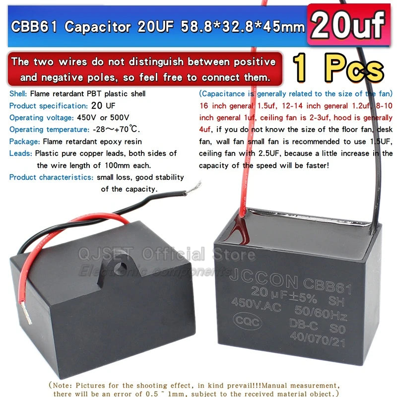 1pcs CBB61 Fan Starting Capacitor 450V 0.8/1/1.2/1.5/2/2.5/3/3.5/4/4.5/5/6/7/8/10/12/15/18/20UF Ceiling Fan Hood Motor Capacitor