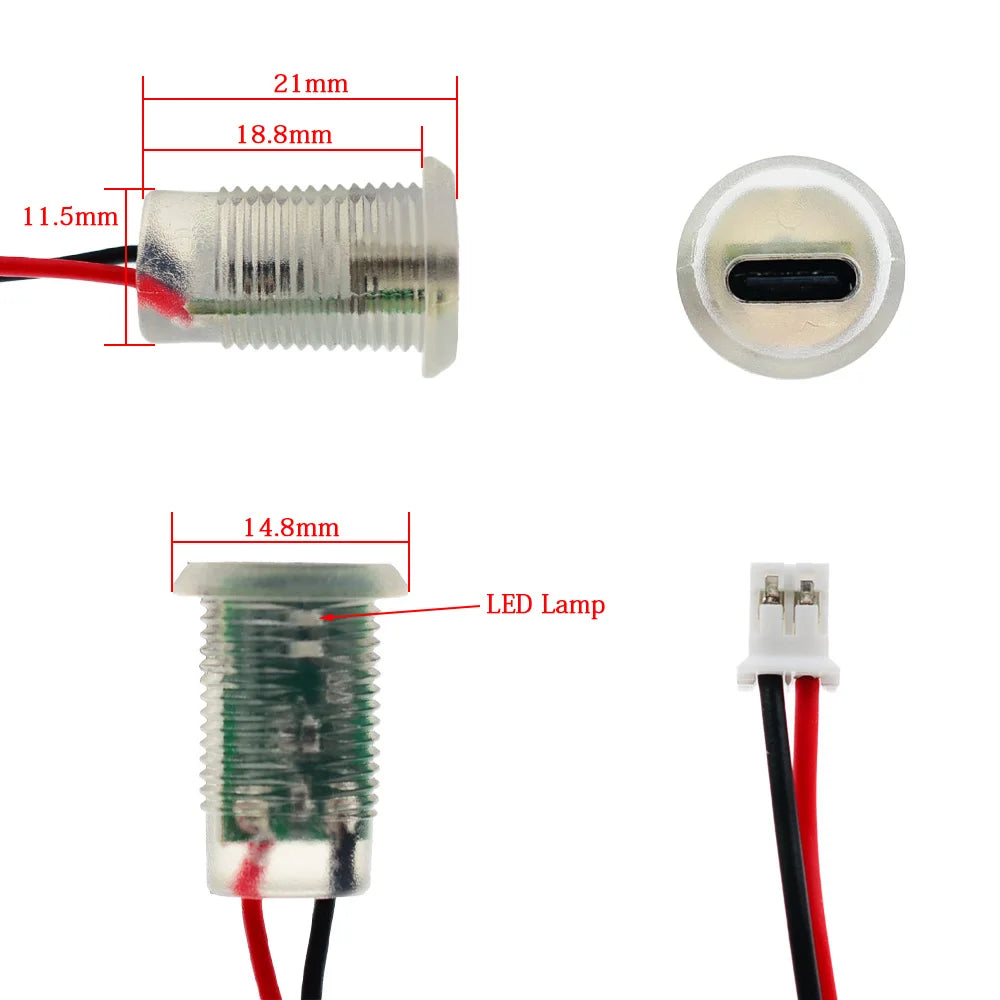 1-10PCS 2Pin LED light USB-C Connector Type-C Waterproof with PH 2.0 nut locking Panel mounting TPC Fast Charging jack port