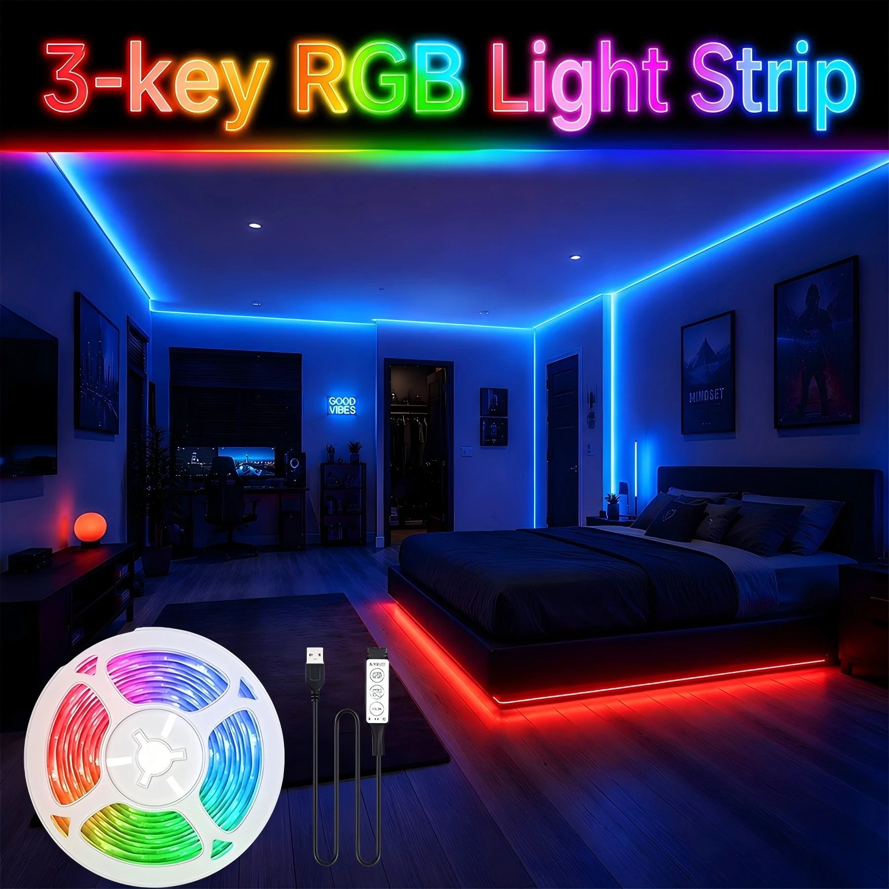 5V RGB light strip with 3-button control, USB powered, suitable for game rooms, living rooms, bedrooms, and holiday decorations.