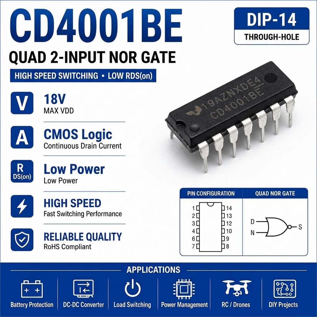 (10 pcs) CD4001BE DIP-14/CD4001BM SOP-14 CD4001 NOR Gate Quad 2-Input CMOS 3V-18V 15uA