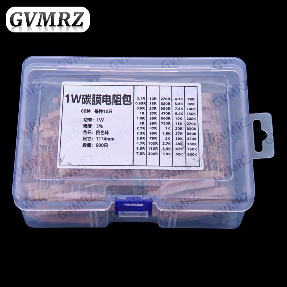 60Values 1W 2W 3W 5W 5% Carbon film resistors kit dip 0.1R 100R 200R 300R 1K 2K 3K Resistor  3W 5W 0.1R-3K