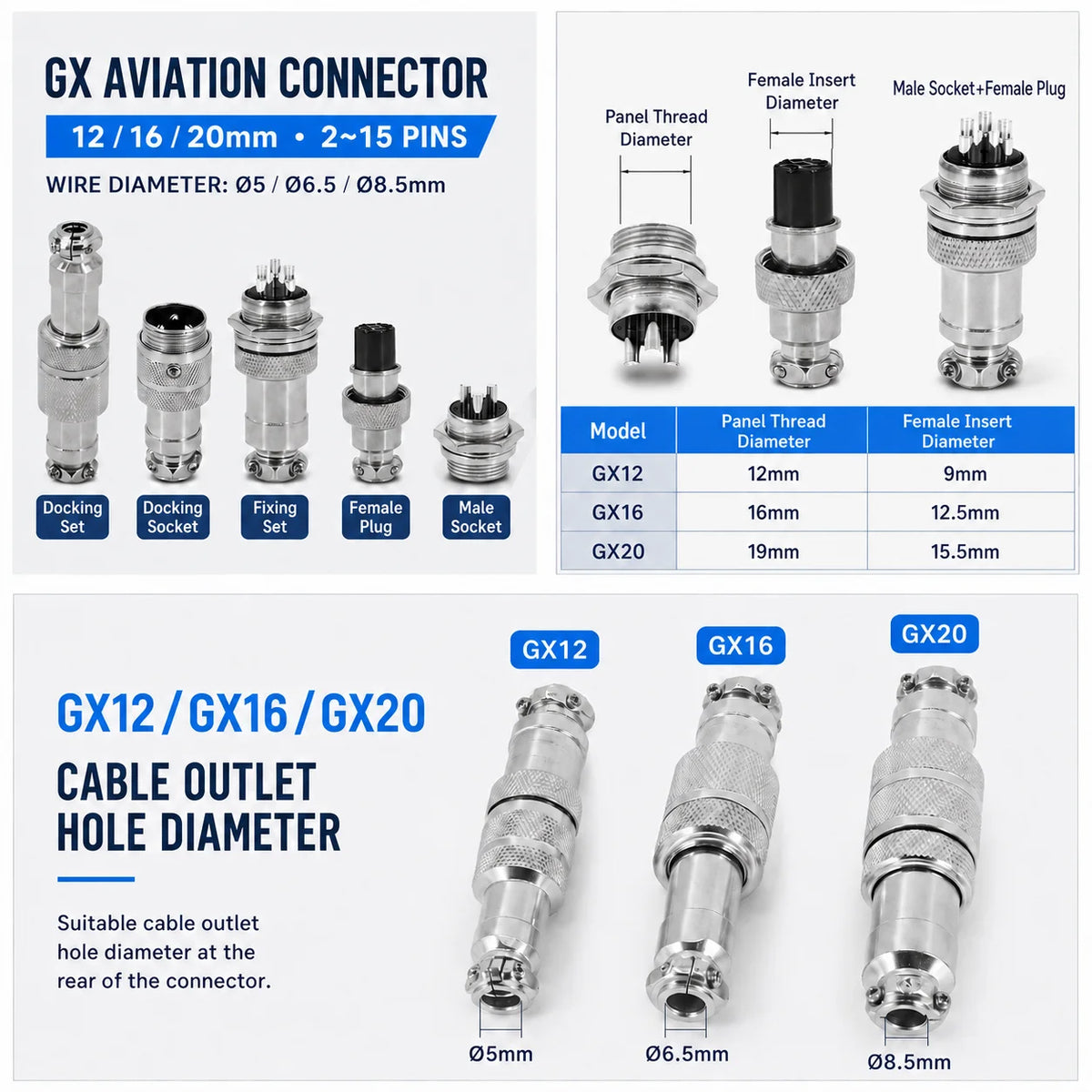 5/10Set GX12 GX16 GX20 Aviation Connector 2 3 4 5 6 7 8 9 10 12 14 15 Pin Docking Fixing Circular Metal Male Female Plug Socket