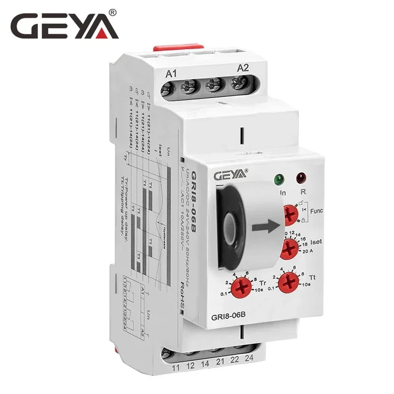GEYA GRI8-06 DC Current Monitoring Relay Overcurrent Undercurrent Sensor 2SPDT 8A Current Testing Relay AC/DC24V-240V 2NO2NC