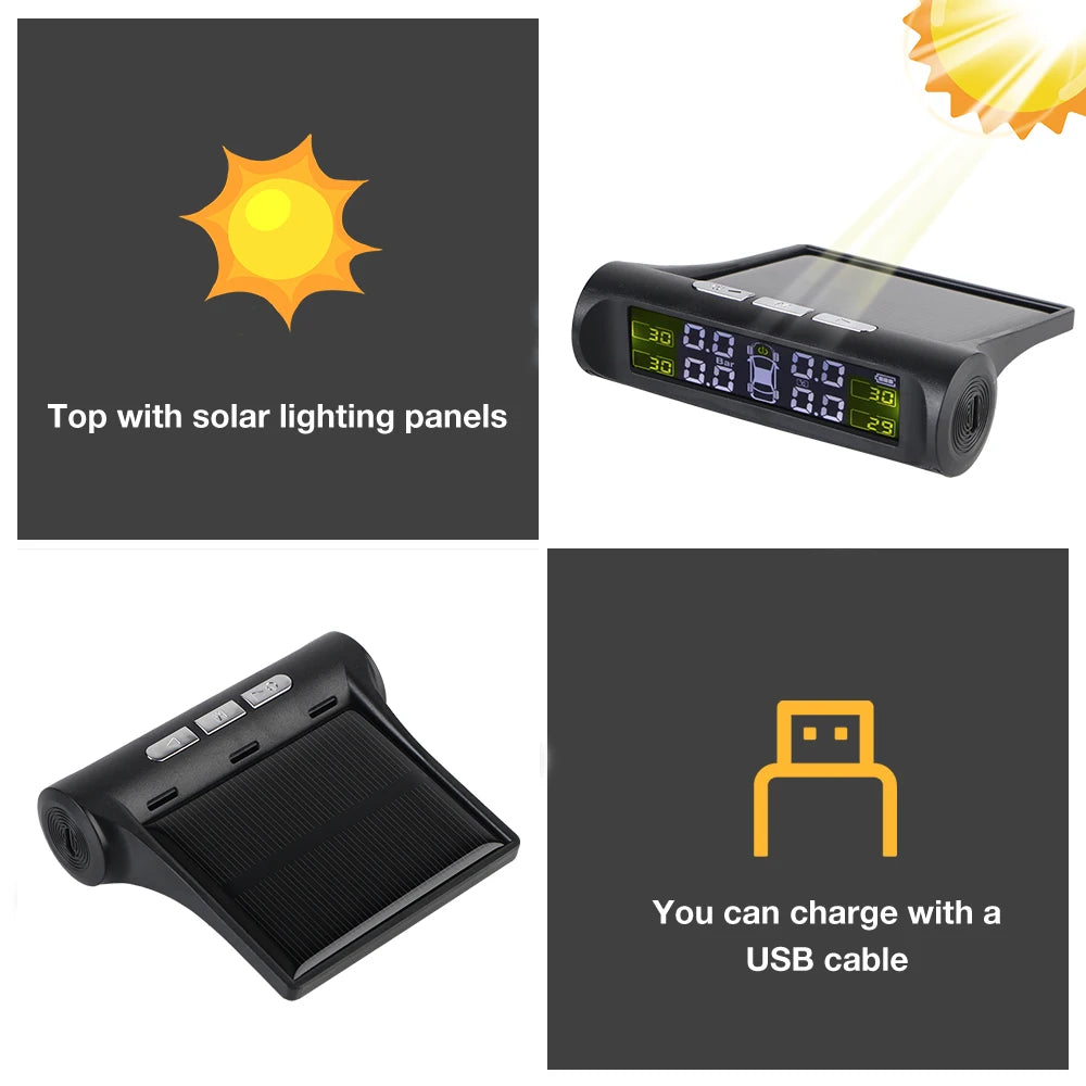 Temperature Warning Fuel Save Tire Pressure Monitoring System Solar TPMS With 4 External Sensors Car Tyre Pressure Monitor