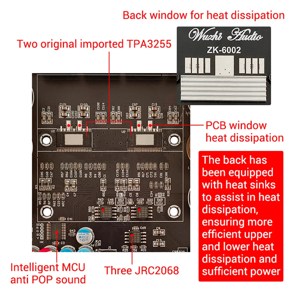 ZK-6002 DC18-50V Pure Power Amplifier Board 2.0 600W+600W Stereo Audio Amplifier Module TPA3255 Amplifier Chip