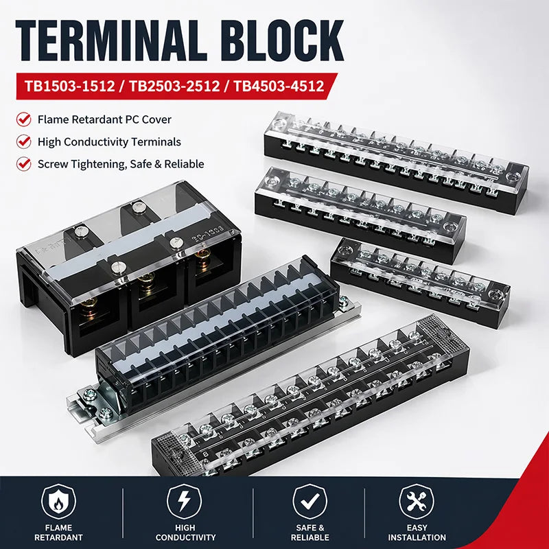 DIN Rail Screw Terminal Block Barrier Strip TB1503 TB2503 TB4512 15/25/45A Electrical Wire Connector with Flame Retardant Cover