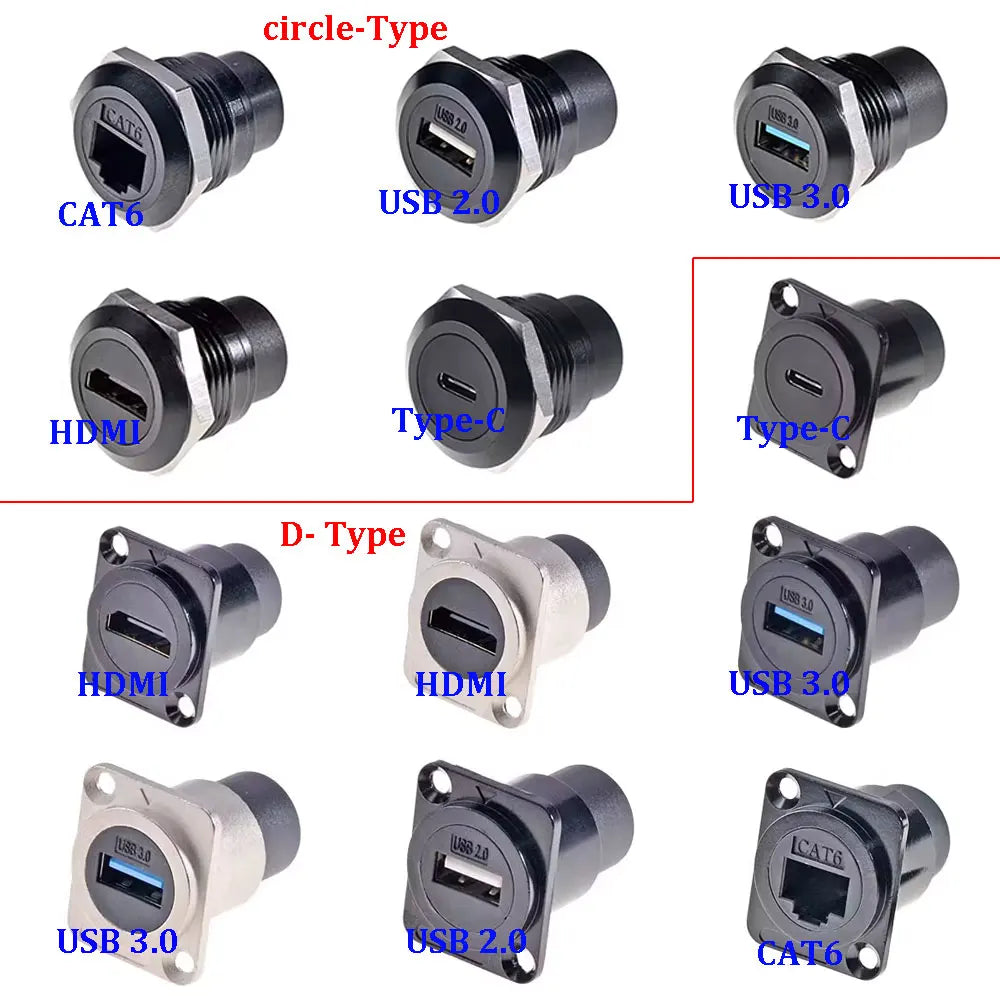 1pc Metal D Type Module USB 2.0/3.0&Type C&HDMI&RJ45 CAT6-Jack Socket Through Network Panel Mounting Electronic Connector
