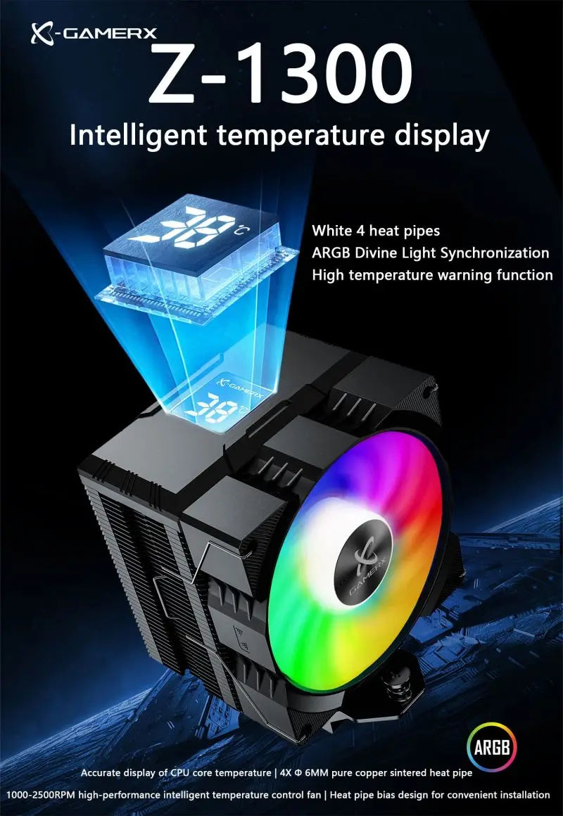 Power Train X-Gamerx Z-1300 9cm with Digital Temperature Display Four Heat Pipe CPU Air Cooler ARGB LGA1700 1200 115X AM4 AM5