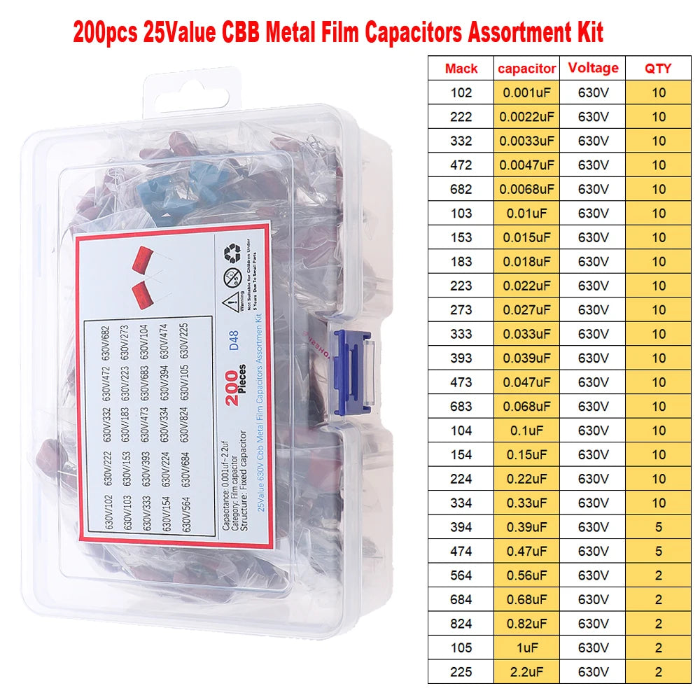 CBB Metal Film Capacitors Assortment Kit 100V 400V 630V 1000V 104 223 103 473 224 334 474 10nF 22nF 33nF 47nF 100nF 220nF 470nF