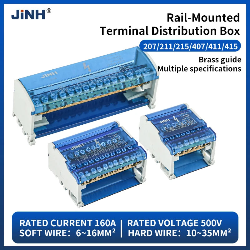 JINH Din Rail Distribution Terminal Block Screw Connection High Power 2 4 Bus Universal Electric Wire Connector Junction Box