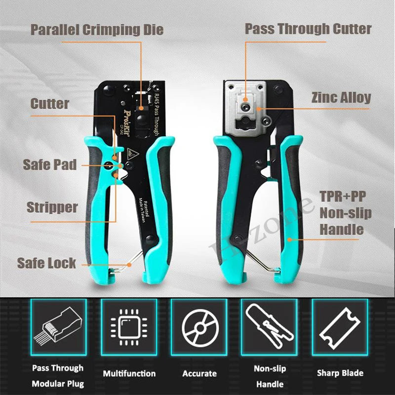 Pro'skit CP-342 End Pass Through Mini Crimper Pliers 8P8C RJ45 Perforated Crystal Head Crimp Tool 4in1 Ethernet LAN Stripper