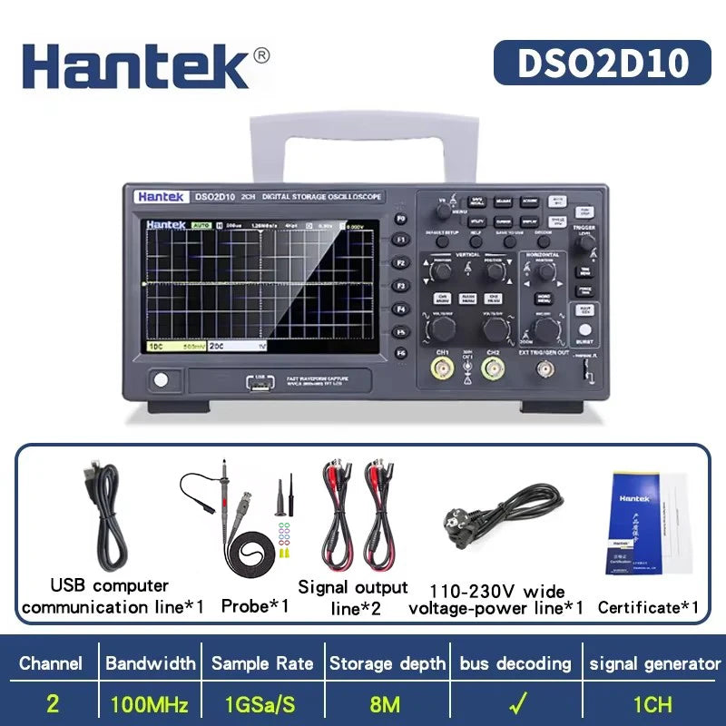 Hantek DSO2C10 DSO2C15 DSO2D10 DSO2D15 2CH Oscilloscope 100/150MHz 1GSa/s 8Mpts FFT UART I2C SPI CAN LIN 25MHz AWG D Models