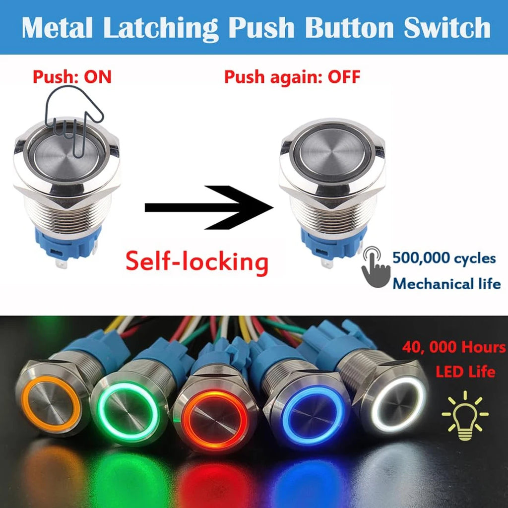 ABILKEEN 16/19/22MM LED Ring Light Metal Push Button Switch 1NO1NC/2NO2NC LED Ring Light Momentary/Latching Push Button Switch
