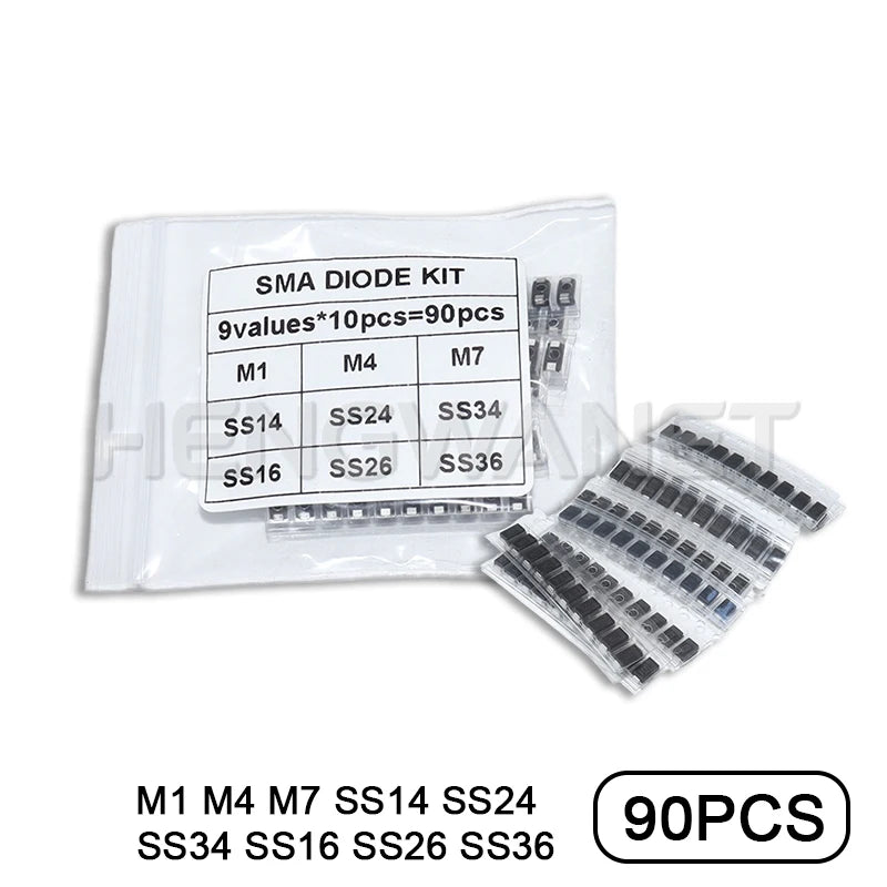 90PCS Rectifier Diode 1N4007 1N4001 1N4004 SS14 SS24 SS34 SS16 SS26 SS36 SMD Schottky Diode Assort Kit