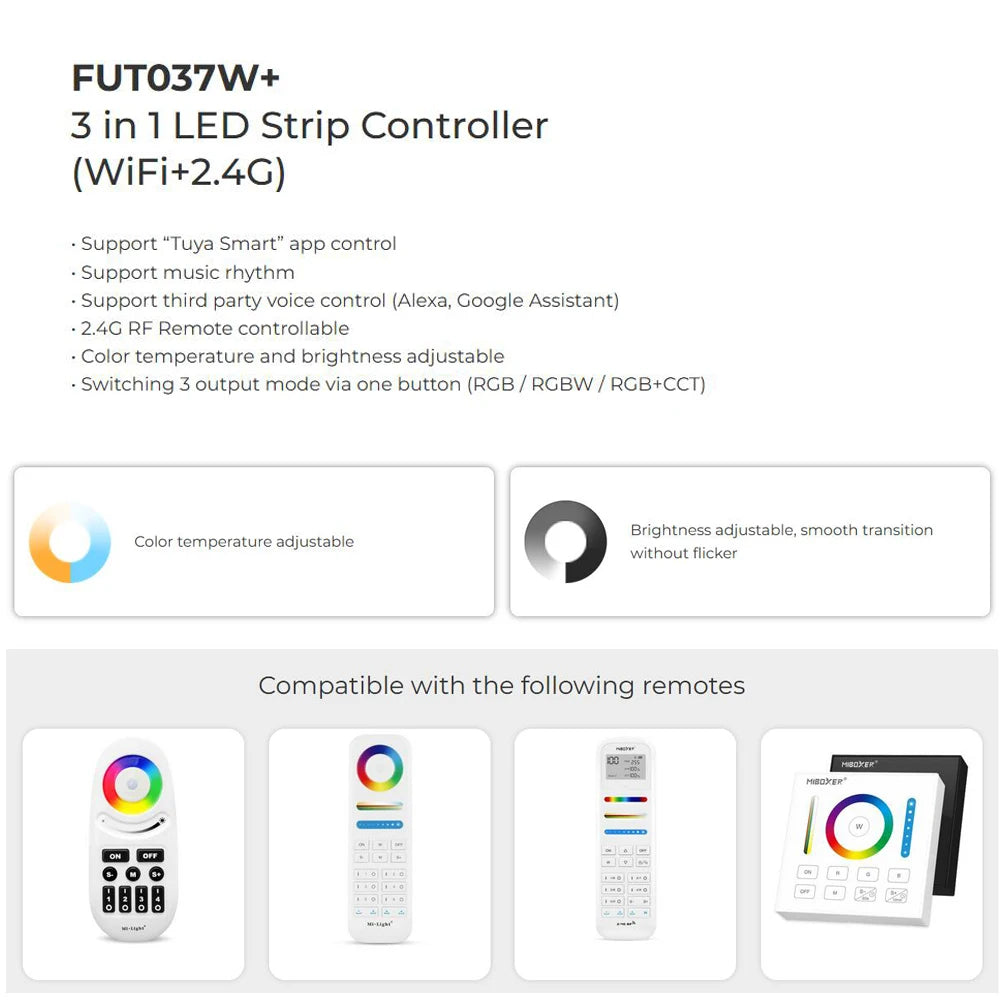 Miboxer Tuya APP Smart Controller WiFi+2.4G FUT035W+ 2in1 FUT037W+ 3in1 DC12-24V Single Color Dual White RGB RGBCCT LED Strip