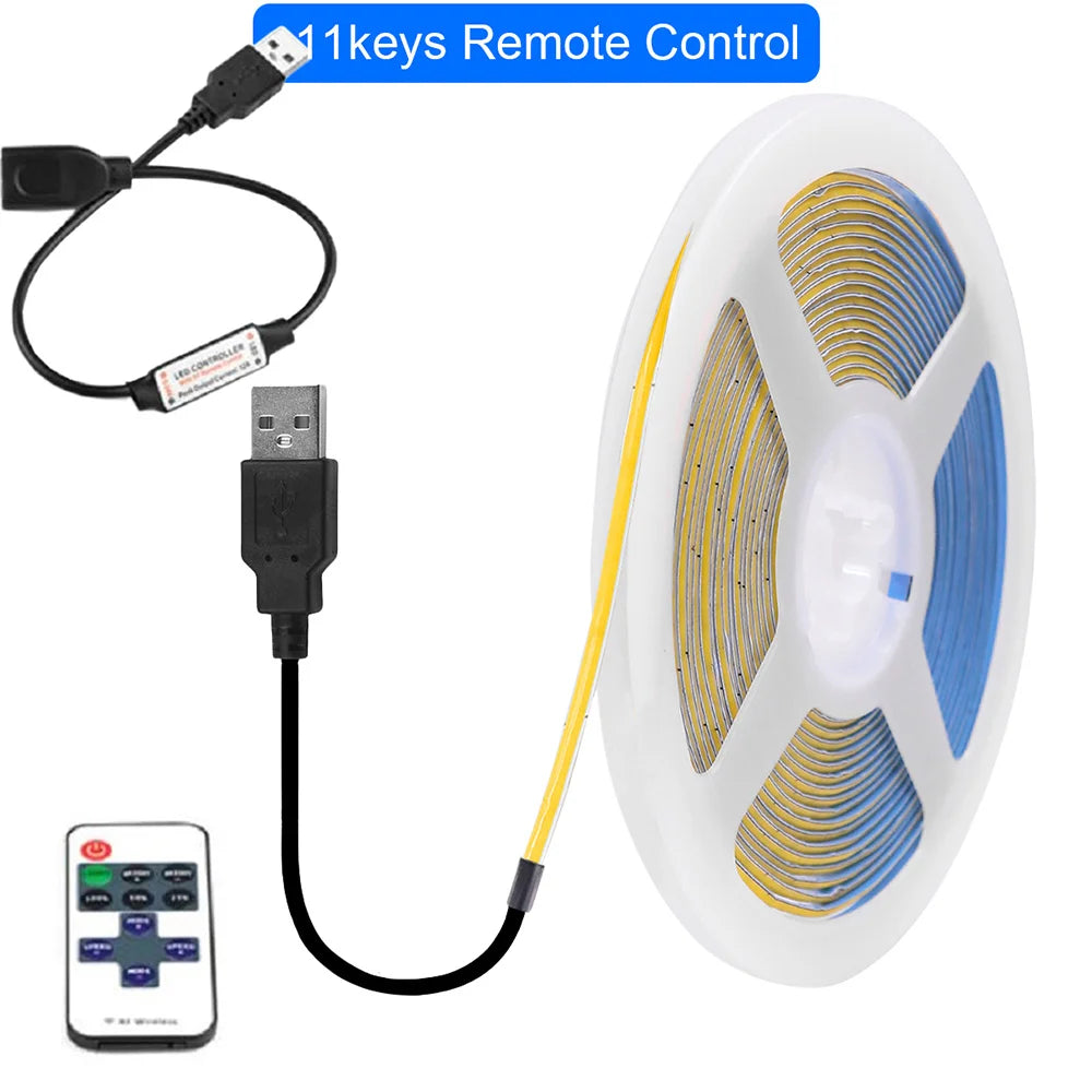 5V USB 3mm PCB COB LED Strip Light with Switch Dimmer Remote Control 320 LEDs High Density Linear Lighting Flexible Tape Lamp