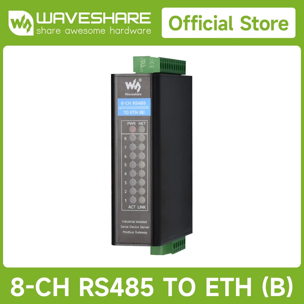 Waveshare 8-Ch RS485 to RJ45 Ethernet Serial Server, 8 Channels RS485 Independent Operation, Optional PoE Function  Rail-mount
