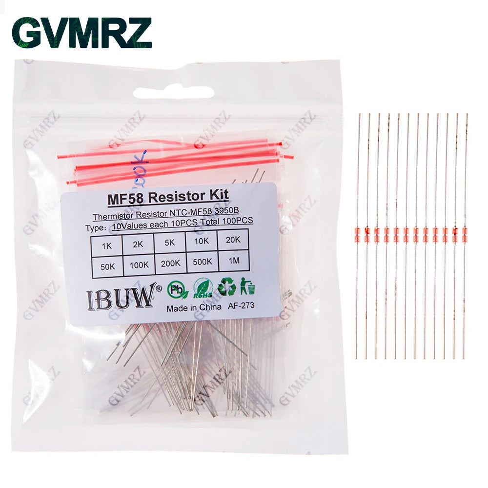 100PCS 10Values MF58 NTC Thermistor Kit 1K-1M 3950B for Temperature Sensing & Circuit Thermal Control Projects
