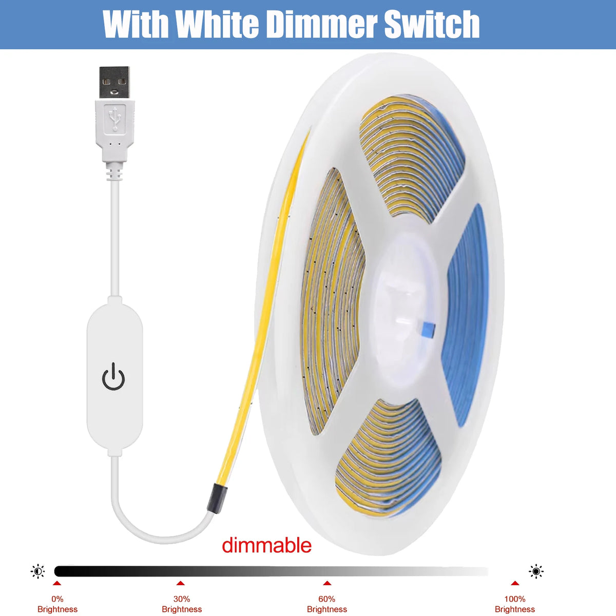 USB 3mm COB LED Strip Light 5V Flexible LED Tape with Dimmer/ON OFF Switch 320LEDs High Density Linear Lighting Backlight Decor
