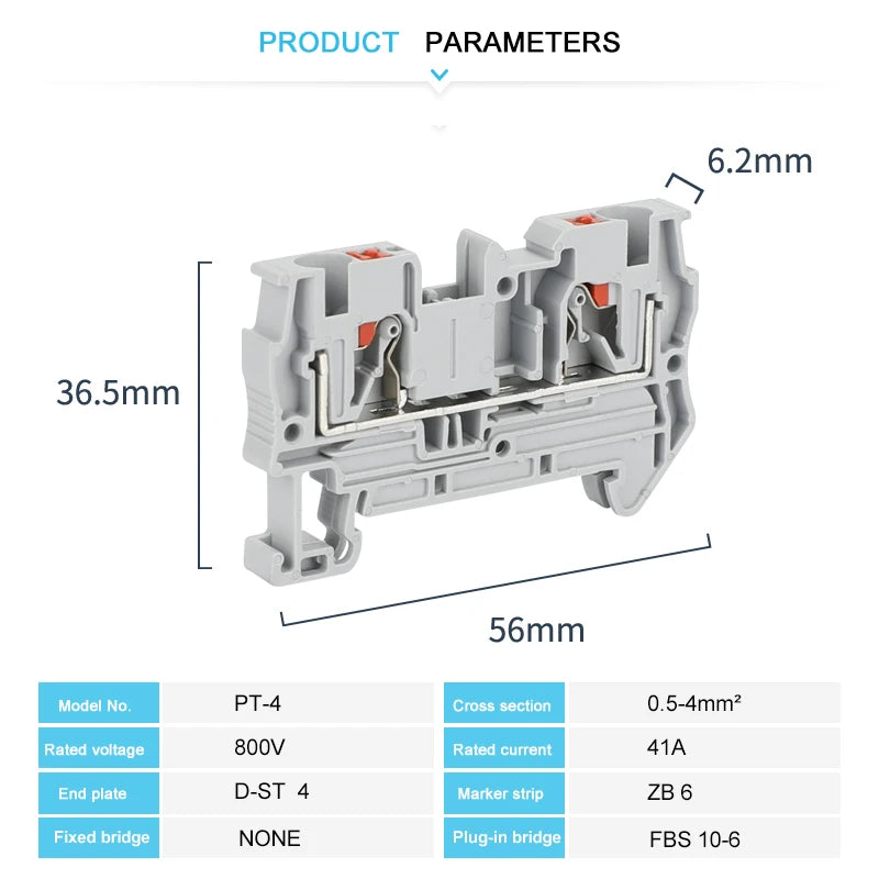 10Pcs PT4 Push-in Terminal Strip Plug PT-4 4mm² Cable Connector Electrical Connect Din Rail Screwless Terminal Block PT 4